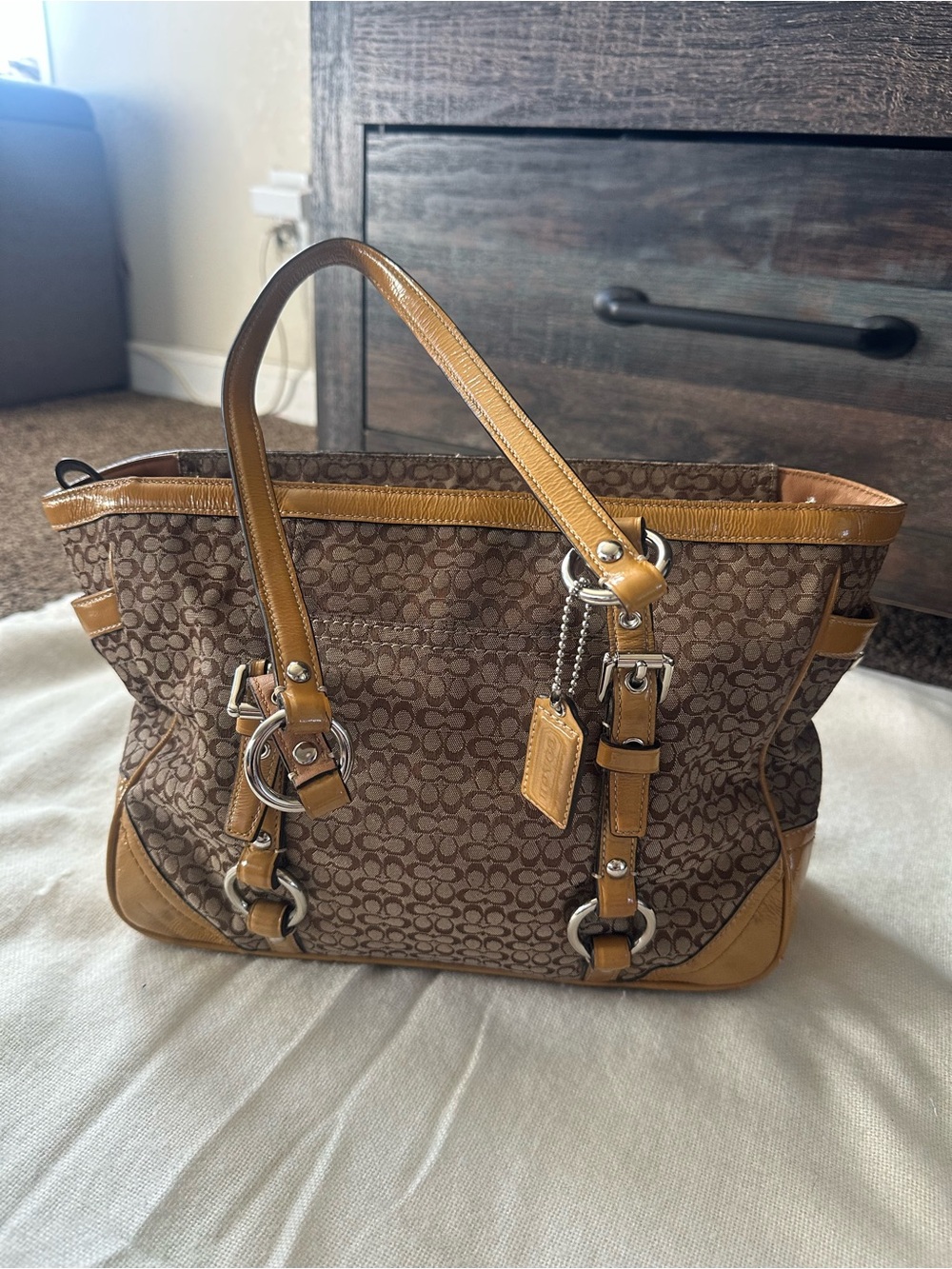 Coach Brown Signature Canvas Tote with Tan Leather Trim